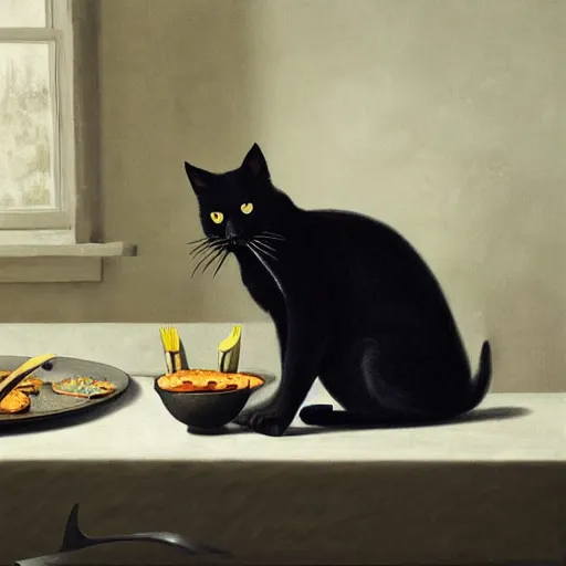 Image similar to a black cat with yellow eyes sitting at the table, eating a plate of mice using a knife and a fork, matte painting, photorealistic, oil painting, illustration