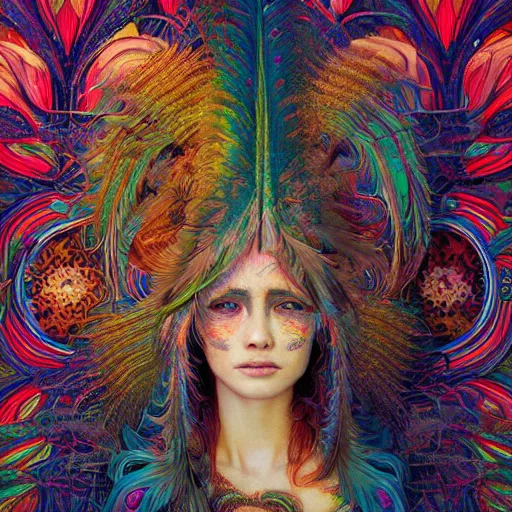 Prompt: A reality bending psychedelic ayahuasca experience, colorful, distorted, surreal, tropical bird feathers, dramatic lighting on the face, intricate, elegant, highly detailed, fire flies, digital painting, concept art, smooth, sharp focus, illustration, art by Krenz Cushart and Wayne Barlowe and alphonse mucha