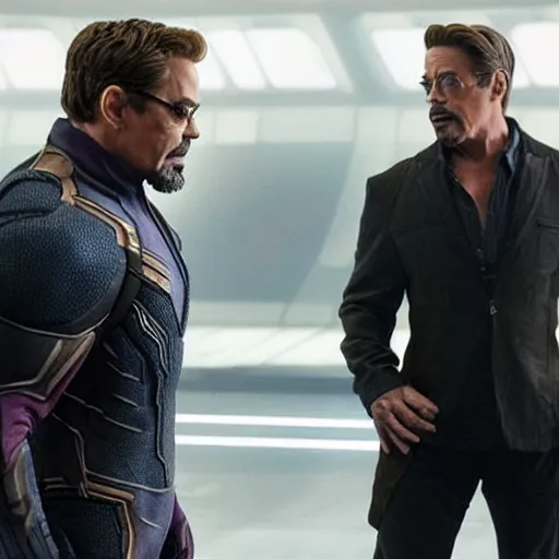 Prompt: robert downey jr. with thanos in avengers endgame