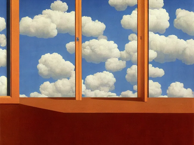 Prompt: clouds painted on curtains , painting by rene magritte, centered, high detail, high resolution