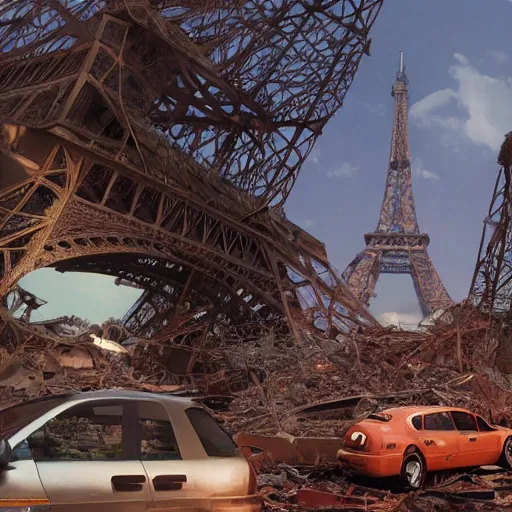 Image similar to A beautiful intricate 8K award-winning ground-level cinematic movie photograph of the future rusting rubble of the fallen and decimated Eiffel Tower, lying in pieces on the ground, surrounded by neon and collapsing corporate video billboard displays. in the year 2050, by Bruno Delbonnel and greg rutkowski. octane render, Arri Alexa 65. Cinematic lighting