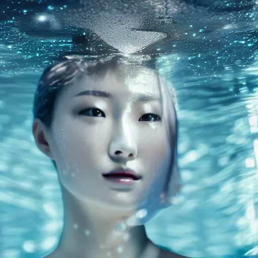 Prompt: beautiful centered fine art photo portrait of hoyeon jung as a solarpunk robotic humanoid treading above water, white mechanical parts with led lights, ultra - realistic and detailed, white background, sun lighting, soft focus, slow exposure hdr 8 k