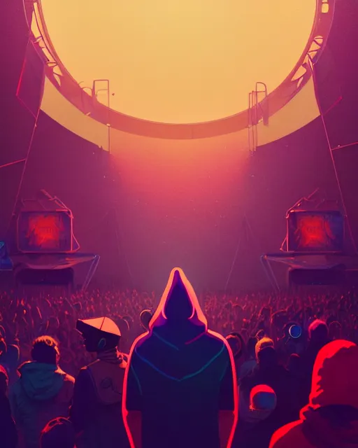 Prompt: tomorrowland, hyper - realistic portrait of a man in a hoodie, in the center of a stage of a music festival, intricate, 4 k, by atey ghailan, by greg rutkowski, by greg tocchini, by james gilleard, by joe fenton, by kaethe butcher, dynamic lighting, lighting color scheme, sharp focus, grunge aesthetic