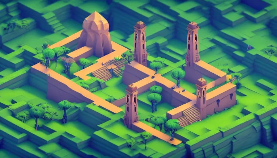 Image similar to a low poly isometric render of moonlit kerala village in the style of monument valley, with kerala motifs, intricate, elegant, smooth shading, soft lighting, illustration, simple, solid shapes, concept art, by magali villeneuve, jeremy lipkin and michael garmash, rob rey and kentaro miura style, octane render
