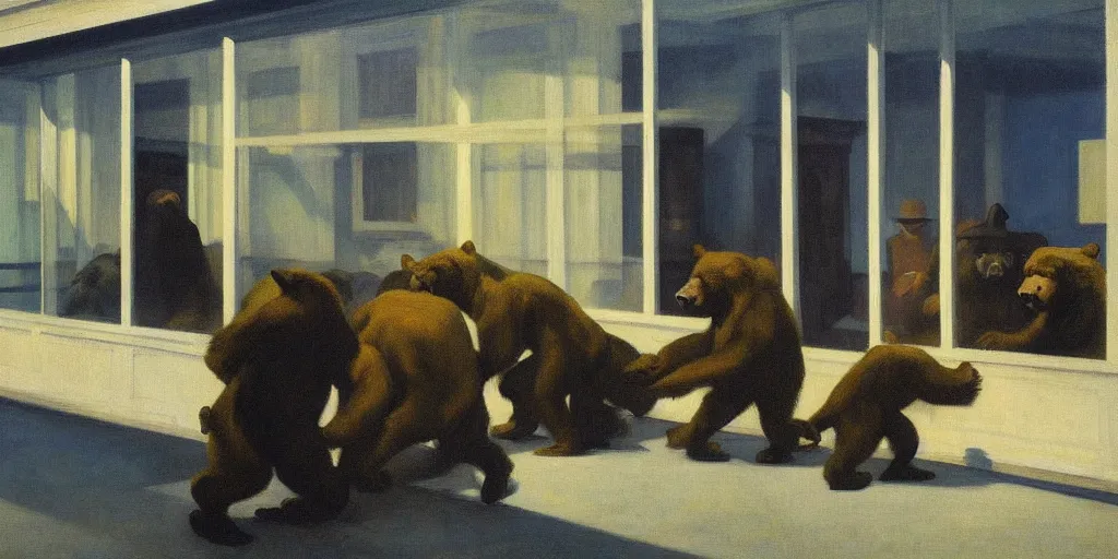 Prompt: edward hopper's painting, of a group of werebears robbing a bank, foggy