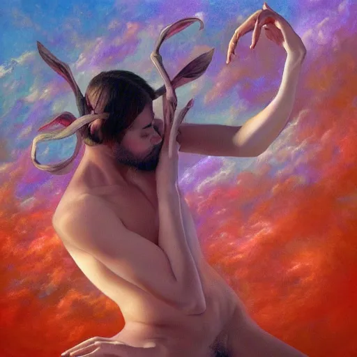 Image similar to debussy's afternoon of a faun, contemporary dance, fantasy sky, symphony album cover by artgerm and ruth deckard