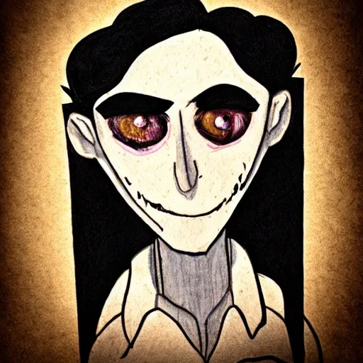 Image similar to young man portrait, black hair, skinny, sleep deprived, corpse bride art style