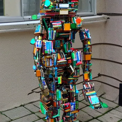 Image similar to A sculpture made of recycled materials but with perfect definition, 💃🤖