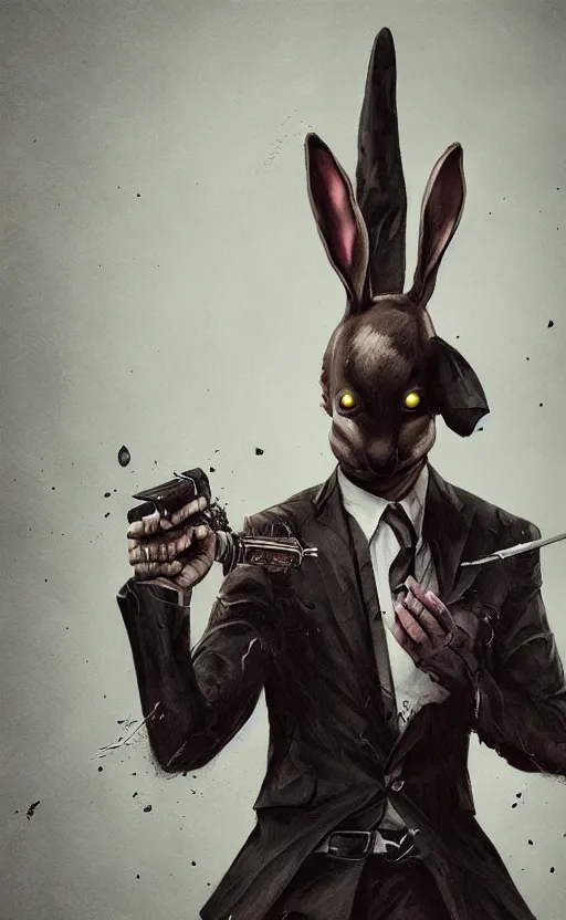 Image similar to dark fantasy photorealistic portrait concept art of a bunny hitman, trending on art station, stunning visuals, creative, cinematic, ultra detailed