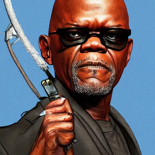 Image similar to samuel l. jackson as mace window, photorealistic,