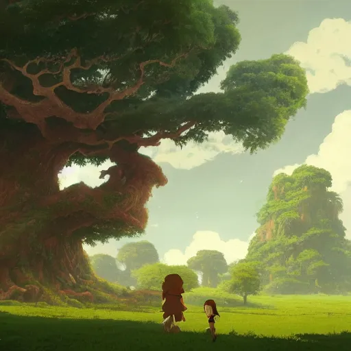 Prompt: a landscape of a single ancient oak tree with a treehouse, children running around, studio ghibli, castle in the sky, animated, anime, illustrated, vibrant, overgrown, by greg rutkowski, dungeons and dragons on artstation