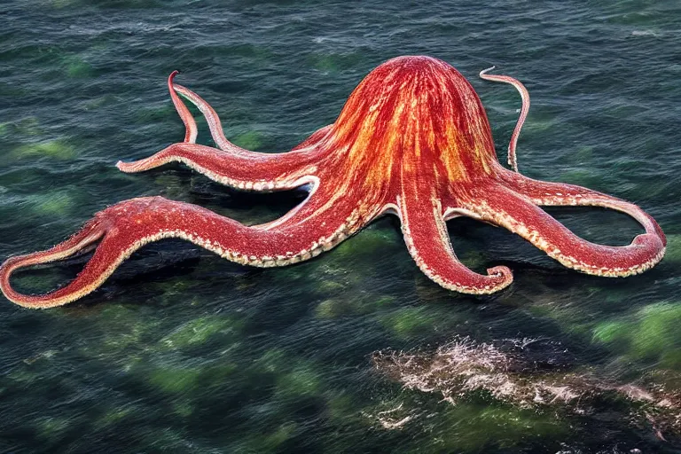 Image similar to giant <octopus>, high detail, long shot, epic out of water