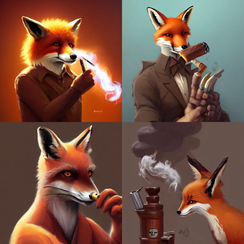 Prompt: A digital painting of a Fox smoking a cigarre , by Stanley Artgerm Lau, frank frazetta, Rossdraws, James Jean, gerald brom, Andrei Riabovitchev, Marc Simonetti, and Sakimichan, trending on artstation, SFW version