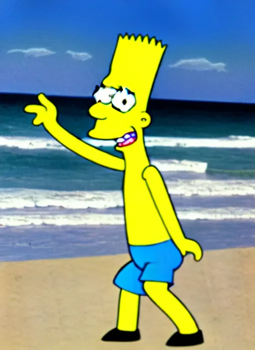 Prompt: professional photo of bart simpson, with muscular fit body and very very very detailed face, on the beach at noonday, blur background, original simpsons cartoon style