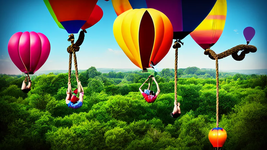 Image similar to large colorful balloons with people on rope swings underneath, flying high over the beautiful countryside landscape, professional photography, 8 0 mm telephoto lens, realistic, detailed, digital art, unreal engine