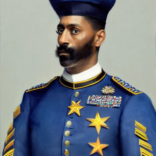 Image similar to full body portrait of the dictator of the orlando magic, 1 8 8 9, in full military garb, magic blue, silver, and black, oil on canvas by william sidney mount, trending on artstation