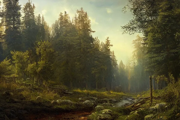 Image similar to A beautiful painting of russian village in dark forest by ivan shishkin and arkhip kuindji, trending on artstation,matte painting