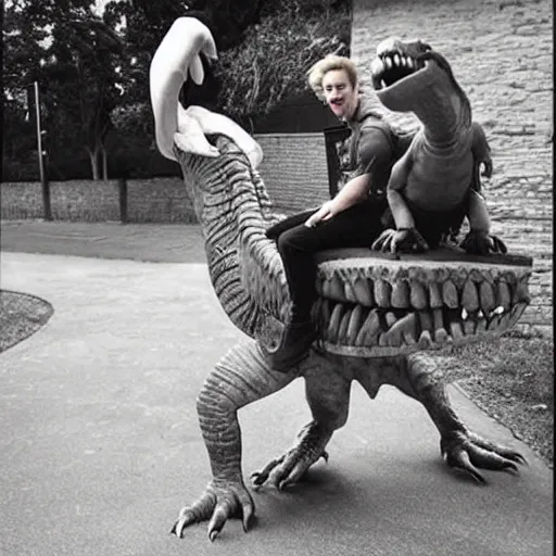 Image similar to an old photograph of taddl ( tj _ beastboy ) riding a real dinosaur, exciting