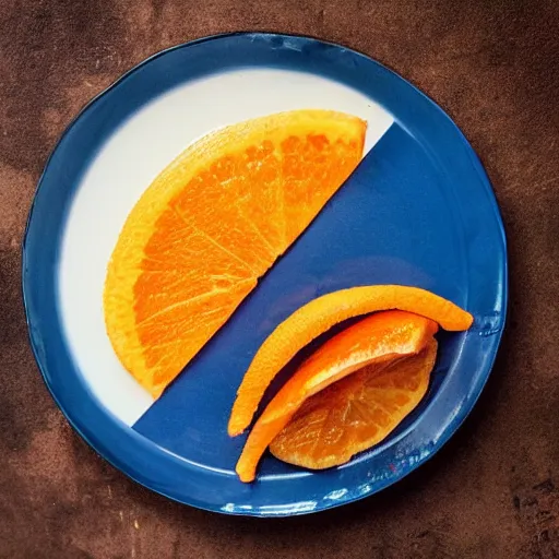 Prompt: una naranja sin cáscara sobre un plato blanco, en un mantel azul