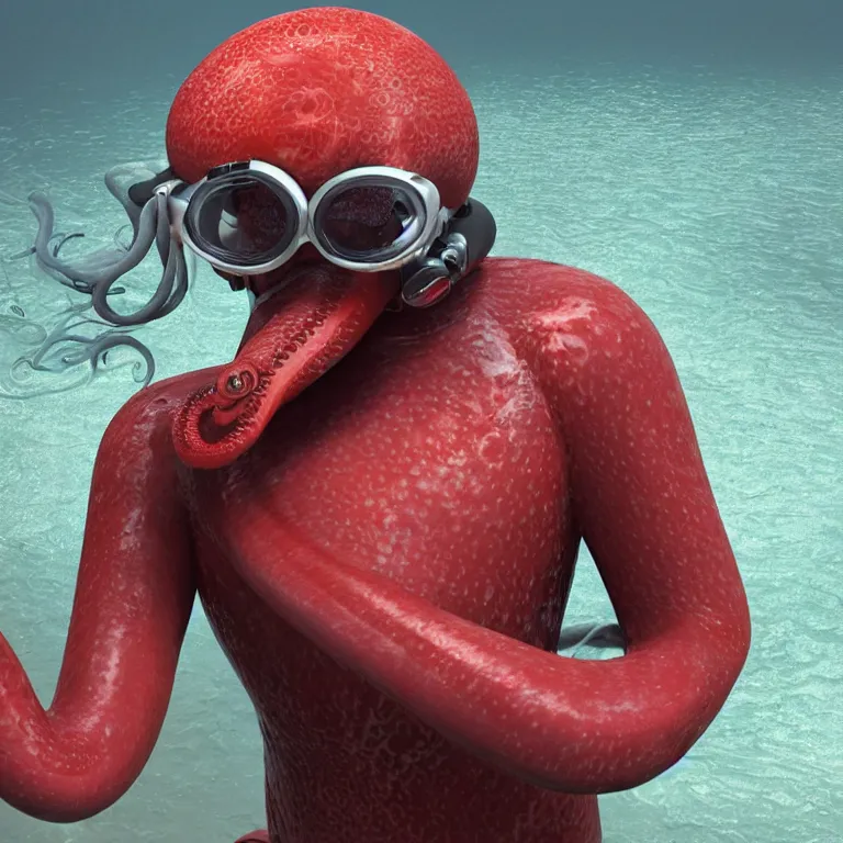 Prompt: octane render portrait by wayne barlow and carlo crivelli and glenn fabry, subject is a man in a wet suit with goggles on with giant long red detailed octopus tentacles coming out of his mouth, cinema 4 d, ray traced lighting, very short depth of field, bokeh