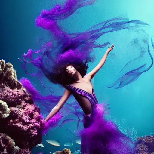 Image similar to woman dancing underwater wearing a flowing dress made of blue and magenta seaweed, delicate coral sea bottom, swirling silver fish, swirling smoke shapes, octane render, caustics lighting from above, cinematic