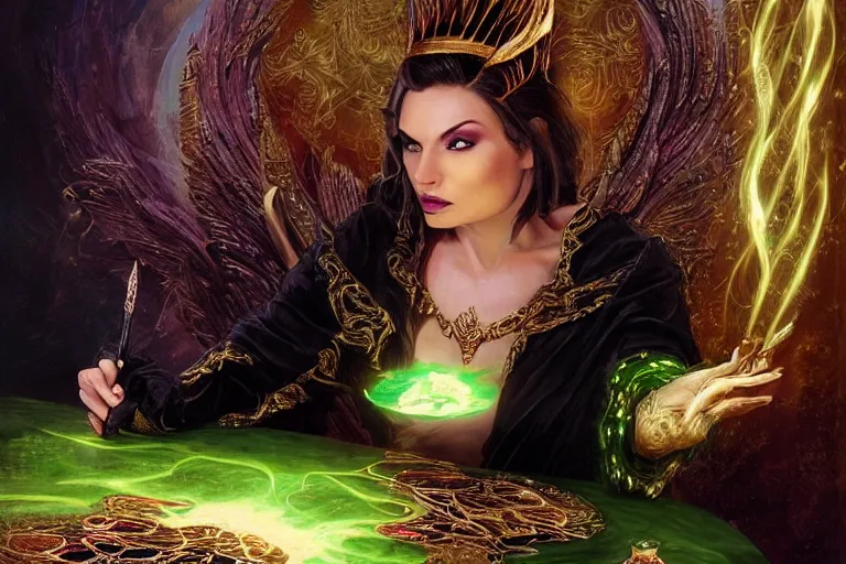 Image similar to a beautiful sorceress wearing a black robe with gold embroidery, sitting at table, casting a spell, green glows, painted by karol bak and artgerm, in the style of magic the gathering, highly detailed digital art