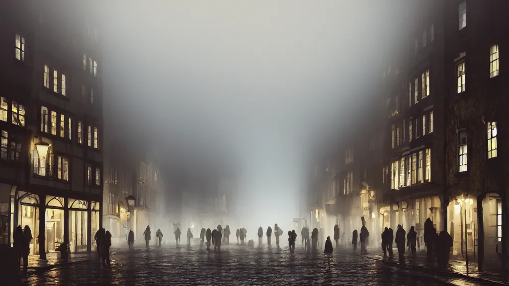 Image similar to a crowd of people on street of the old town with houses in the windows of which the light is on. early morning, fog on ground, wet street. mike barr painting. volumetric light, dull colors, dark, noir arthouse, 3 5 mm, hight detalied, hd, 4 k