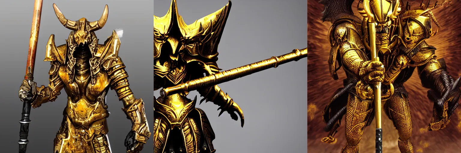 Prompt: demon in golden scale armor wileding a polehammer