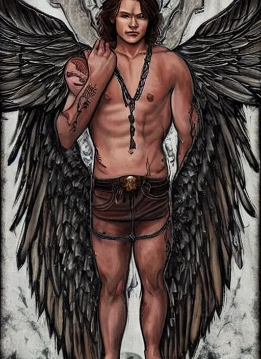 Image similar to Sam Winchester as a aesthetic muscular angel with big open wings, a cross pendant and religious tattoos on chest and neck, stained and bleeding, magic overlays, magic flames, open portal with runes in the background, romance book cover style, D&D illustration!!!!!!!, fantasy style, sharp focus, ultra detailed, art by Artgerm and Peter Andrew Jones, Ayami Kojima, Amano and Olivier Ledroit