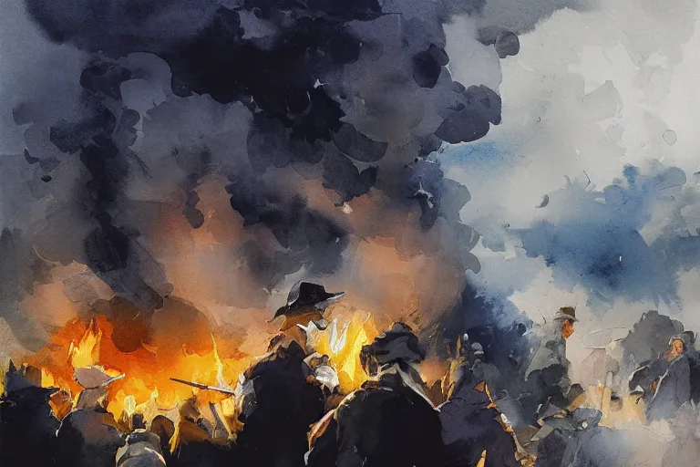 Image similar to small centered on white watercolor paper, paint brush strokes, abstract watercolor painting of scandinavian smoking bonfire, smoke, nightfall sharp light, cinematic light, american romanticism by hans dahl, by jesper ejsing, by anders zorn, by greg rutkowski, by greg manchess, by tyler edlin