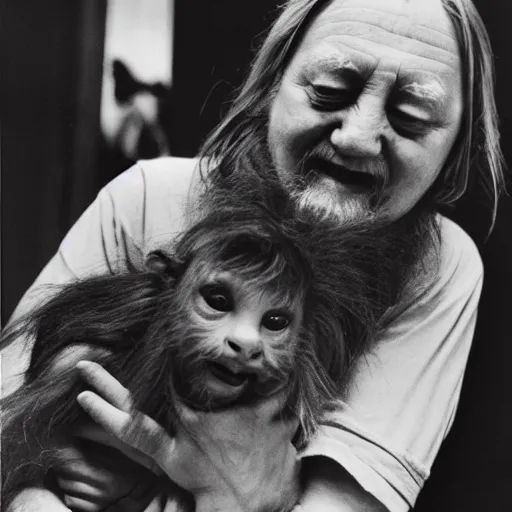 Prompt: robert wyatt cradling a hairy goblin like a baby, heartwarming photograph