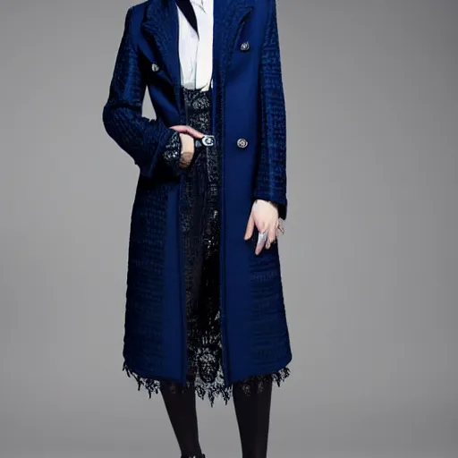 Image similar to fashion 2 0 5 0 fantastic openwork long coat with intricate pattern on a beautiful symmetrical girl with blue hair, hyper realistic photos