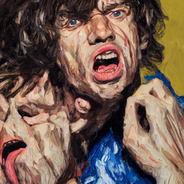 Image similar to warmly lit close up studio portrait of young furiously angry!! Mick Jagger in 1965 angrily singing, impasto oil painting thick brushstrokes by Lucian Freud and Cy Twombly and Tim Hawkinson , trending on artstation dramatic lighting Expressionism