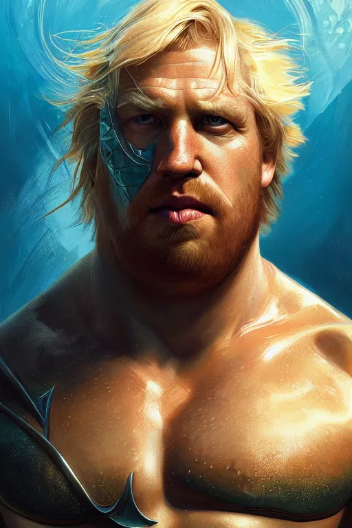 Image similar to Boris Johnson as Aquaman,realistic portrait, symmetrical, highly detailed, digital painting, artstation, concept art, smooth, sharp focus, illustration, cinematic lighting, art by artgerm and greg rutkowski and alphonse mucha