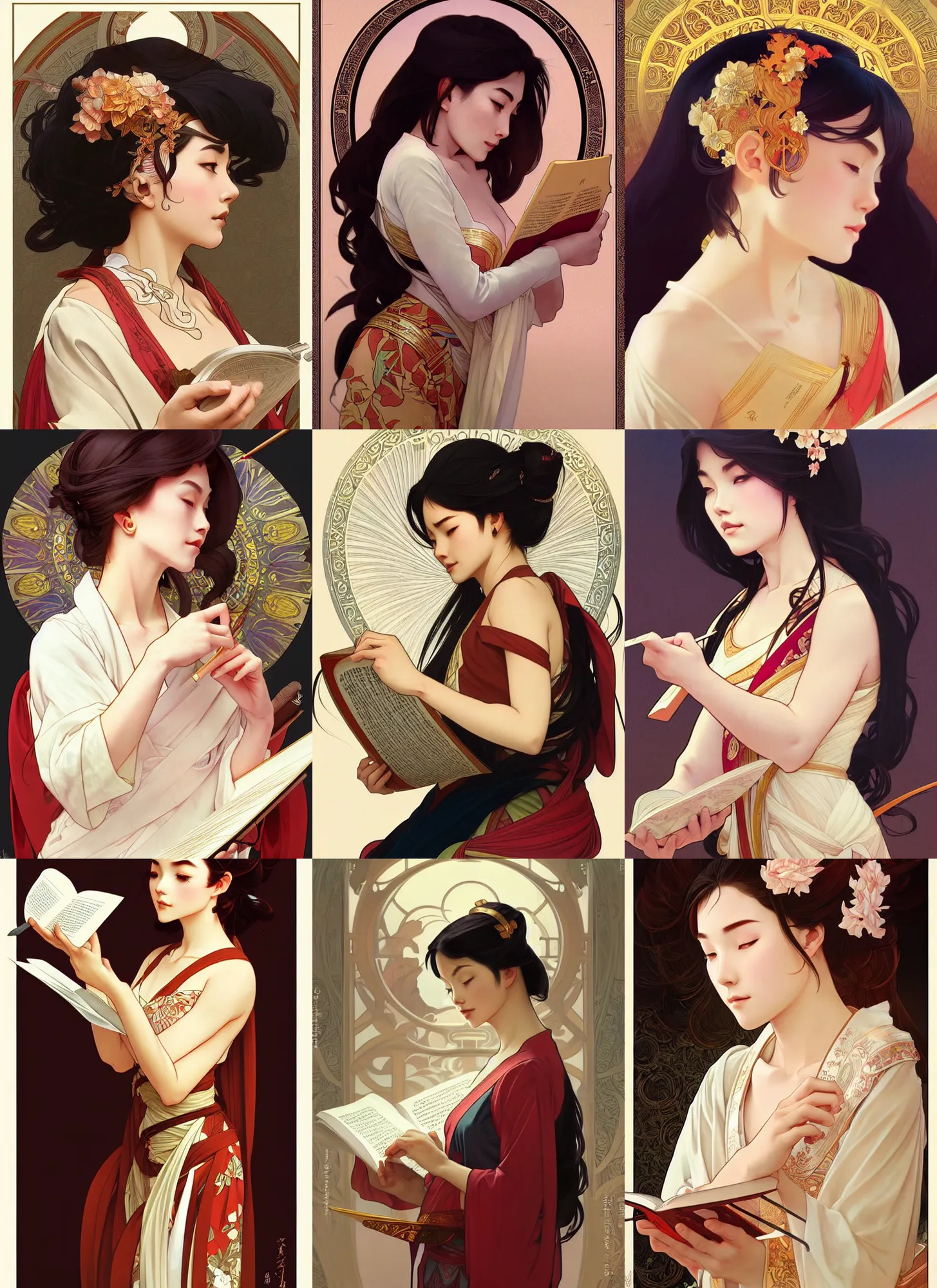 Prompt: A beautiful miko reading a scroll, side view, highly detailed, digital painting, smooth, sharp focus, illustration, art by artgerm and alphonse mucha, high definition digital art, in the style of Ross tran and ilya kuvshinov