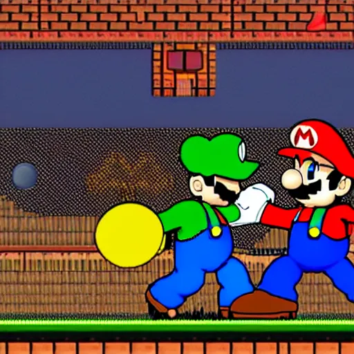 Image similar to Mario Bros fighting against a robot