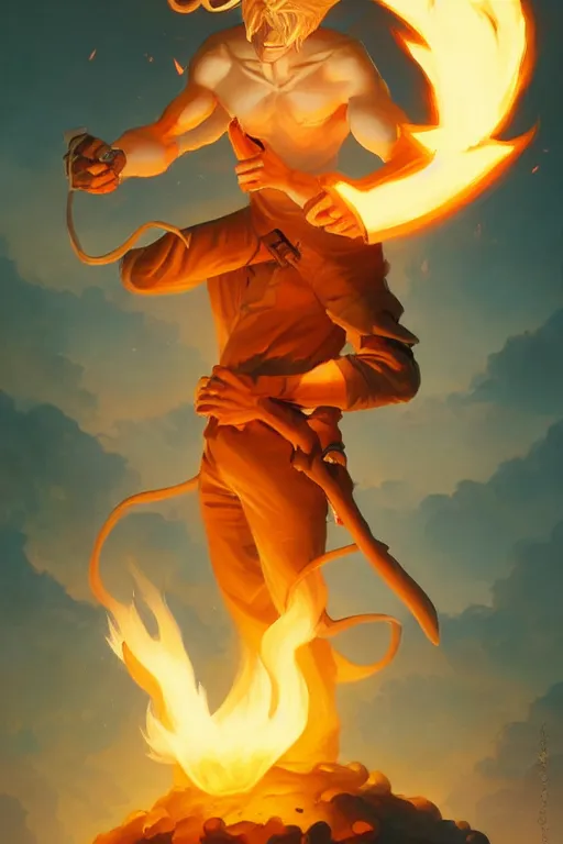 Image similar to character art by peter mohrbacher, young man, blonde hair, on fire, fire powers
