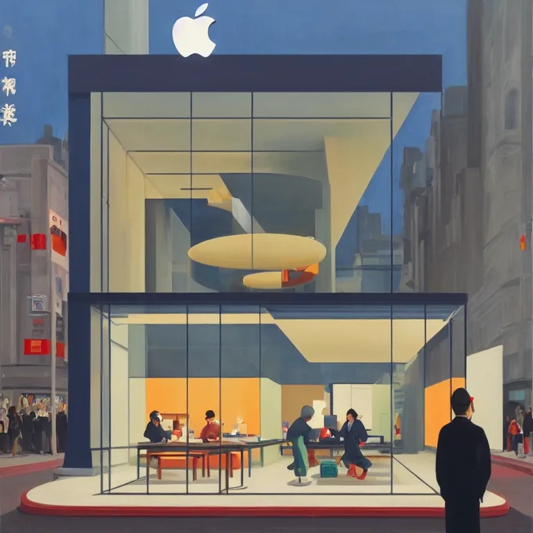 Image similar to apple store opening in Tokyo, painted by Edward Hopper, painted by James Gilleard, airbrush