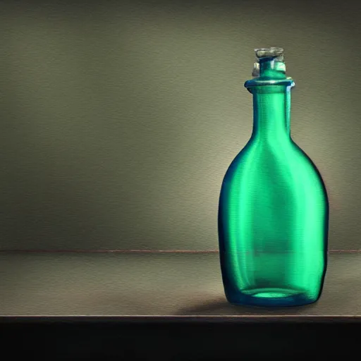 Prompt: a painting of a steampunk potion bottle in bright blue on a counter in a dark dusty vintage science lab, by h. r. giger, hyperrealistic fantasy art, concept matte, ethereal, dreamy, digital art, trending on artstation, volumetric cinematic lighting