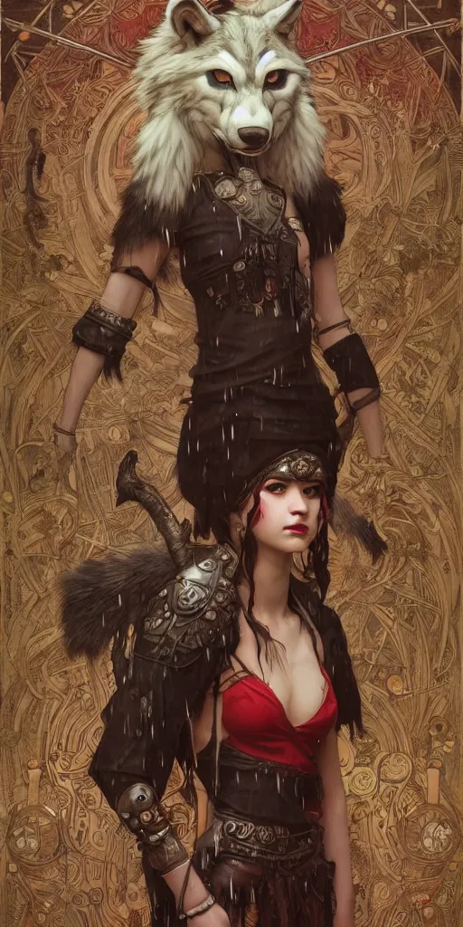 Image similar to hyper realistic Princess Mononoke, ornate mask, wet market street, rainy cyberpunk metropolis, full body pose, wolves, style of tom bagshaw, mucha, james gurney, norman rockwell, denoised, sharp