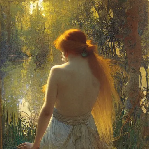 Prompt: a beautiful painting of the back view of a young lady washing her long hair by the river in a grown forest, sunlight reflected on the river, by Mucha