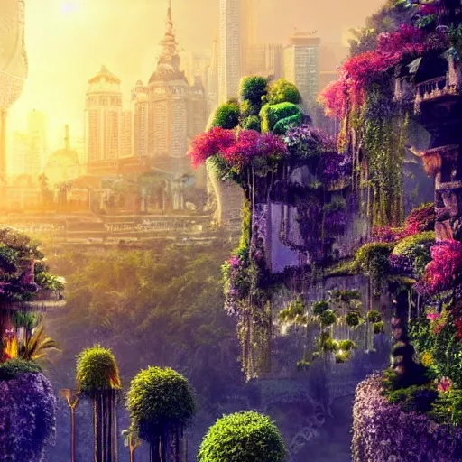 Image similar to hanging gardens, beautiful garden city, lush paradise, matte painting, opulent, golden hour lighting