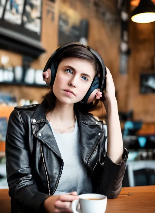 Image similar to young adult woman in a coffee shop wearing headphones and a leather jacket looking unamused, natural light, magazine photo, 5 0 mm lens