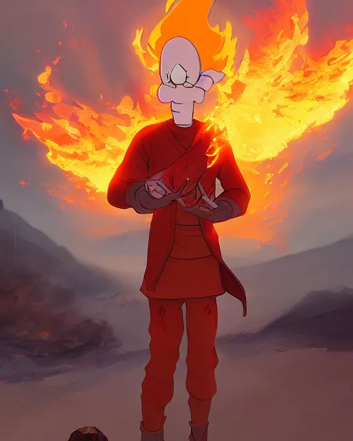 Image similar to [ [ squidward ] ] wearing fire nation clothing and practicing firebending outside at susnset, [ [ [ [ [ [ greg rutkowski ] ] ] ] ] ]