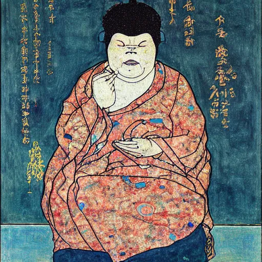 Image similar to hotei budai painting by egon schiele glitter iglitch datamosh