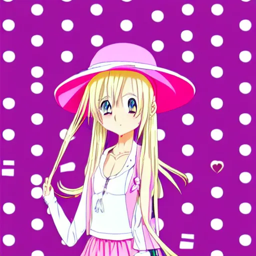 Image similar to anime girl with long blonde hair with pink tips, wearing pink dress, pink flip flops, and a pink bucket hat with white polka dots, disneyland background, anime key visual, kyoto animation