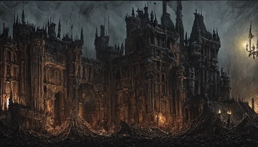 Image similar to a dark wizar, destroyed castle, rotting, blood, night, death, fear, horror, religion, hyperrealism, detailed and intricate environment, by giger, by greg rutkowski