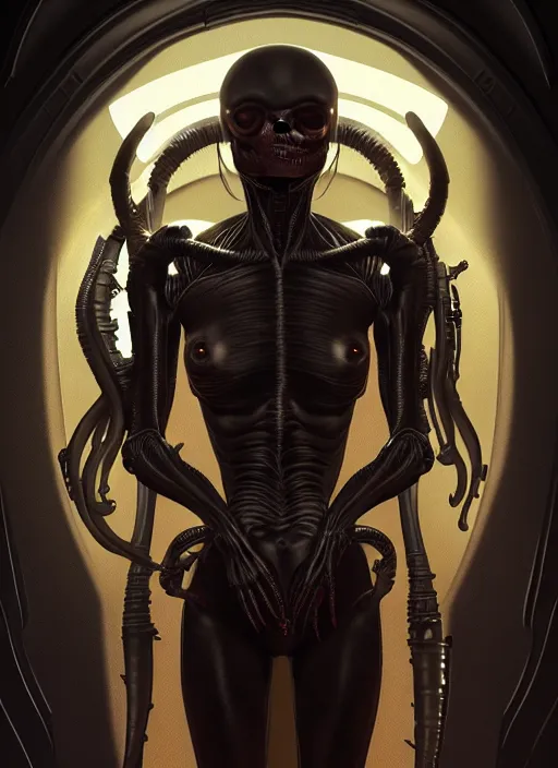 Image similar to xenomorph vogue portrait, artstation, cgsociety, dramatic studio lighting, very detailed, high contrast, intricate, detailed illustration, by artgerm and greg rutkowski and alphonse mucha, octane render, unreal engine, hyperrealism