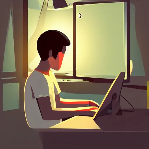 Image similar to illustration of a boy using his computer late night, low lights, dynamic lighting, strong shades, 4k