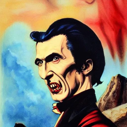 Image similar to photorealistic picture, by bob peak and alex ross, dracula movie poster in 1 9 8 4, gouache and wash paints, fine details, fine intricate, fine facial proportionate, fine body proportionate, fine fix broken line, fine fix duplicate line, smooth focus, sharp details, bokeh, 4 k